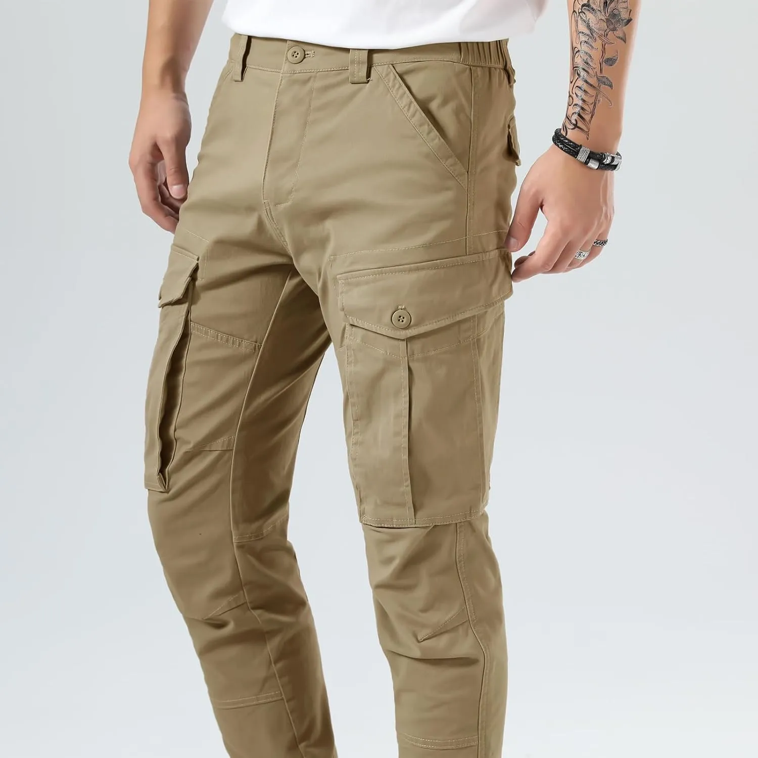 Plaid&Plain Men's Cargo Pants Slim Fit with Articulated Knees