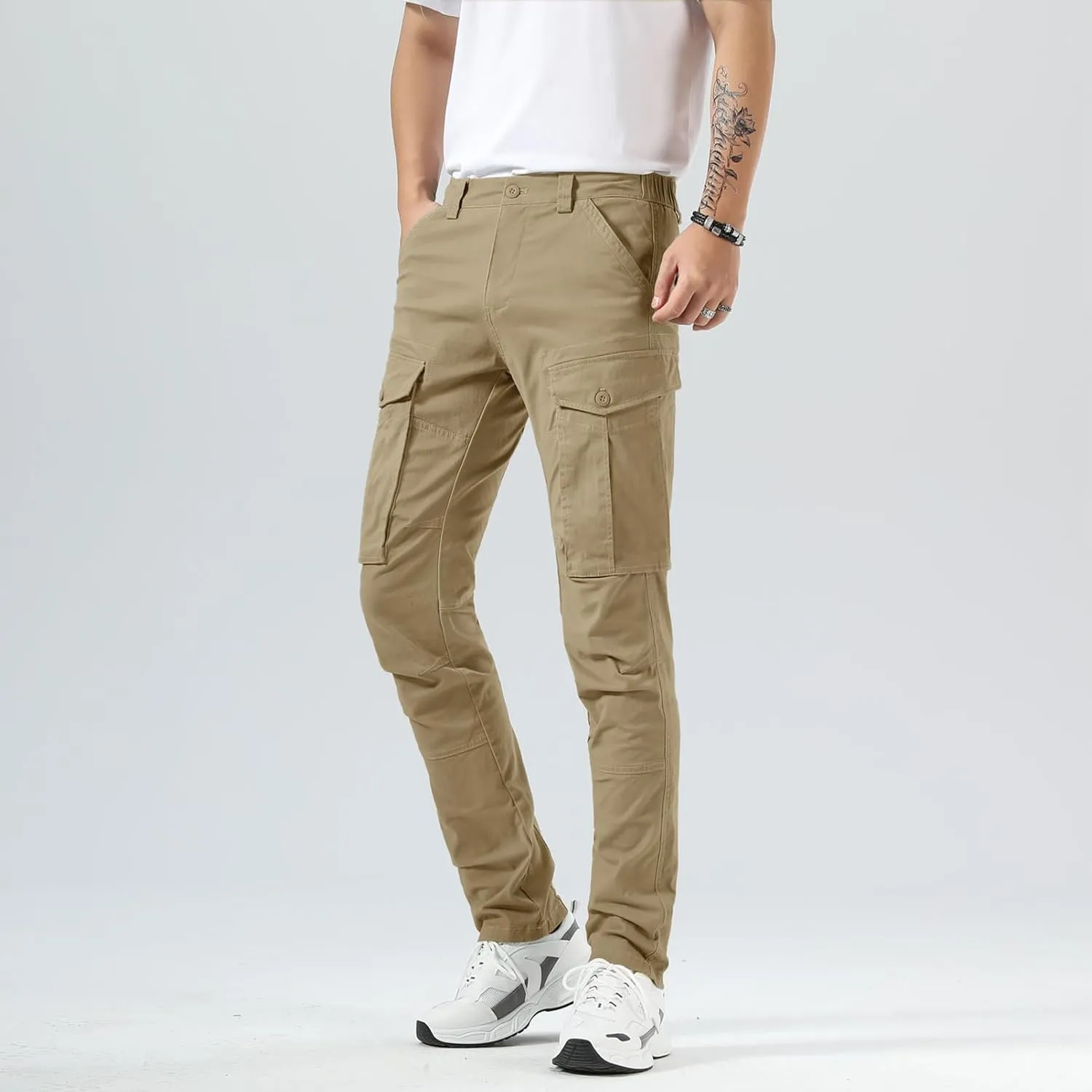 Plaid&Plain Men's Cargo Pants Slim Fit with Articulated Knees
