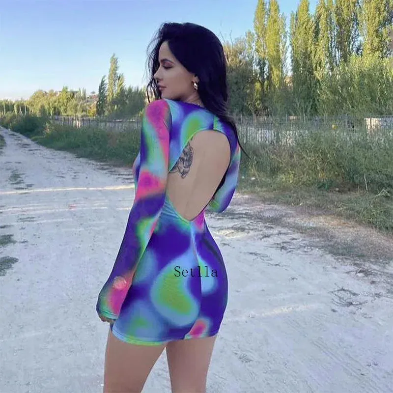 Tie Dye O Neck Long Sleeve Backless Mini Dress