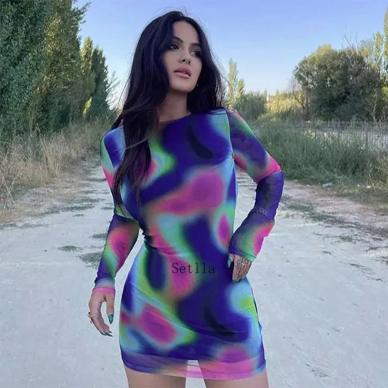 Tie Dye O Neck Long Sleeve Backless Mini Dress