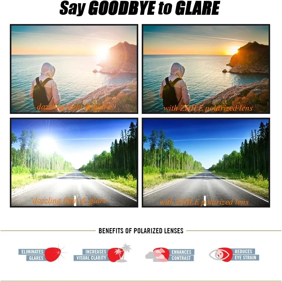 ZHILE Polarized Sunglasses for Men, 8-base Curve Wrap Metal Frame for Fishing Sporting Driving with Sunglasses Case